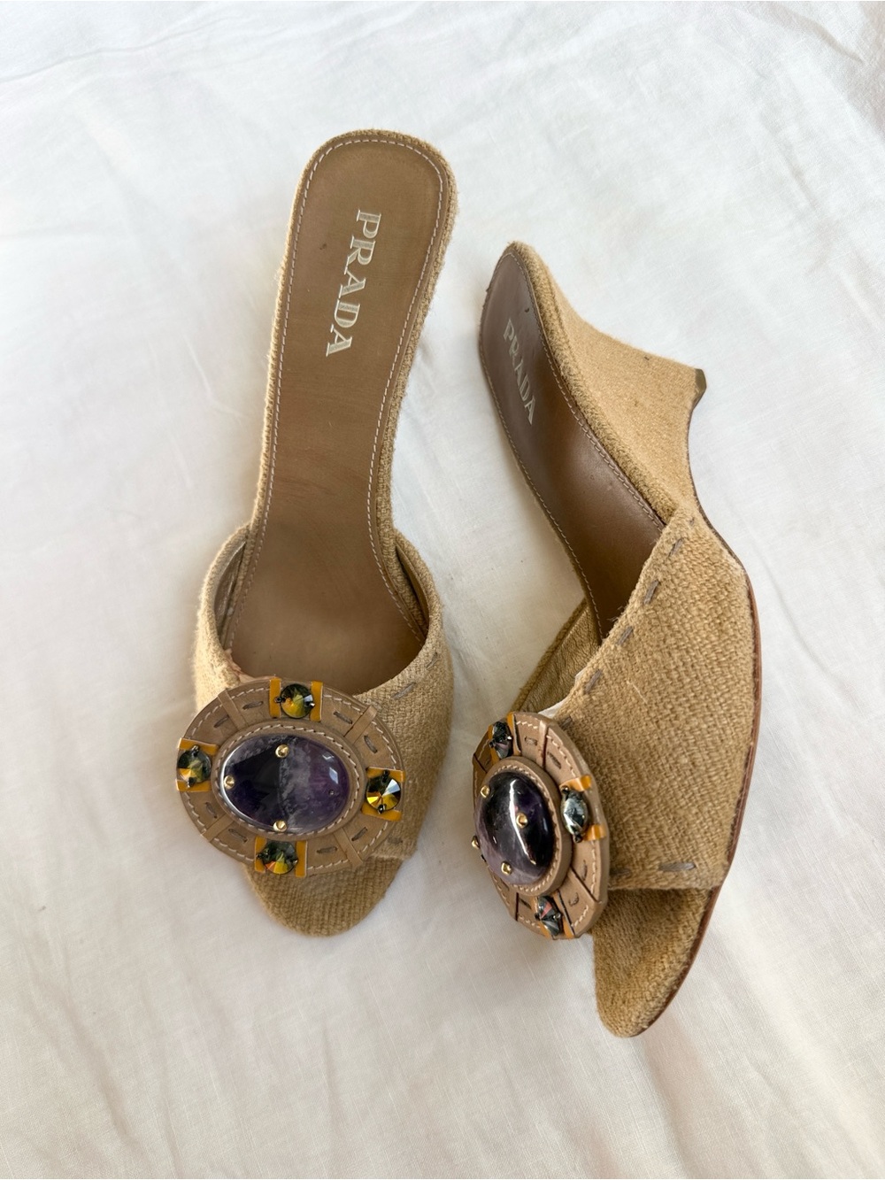 Vintage Prada Tan Embellished Wedges Sandals with Purple Stones